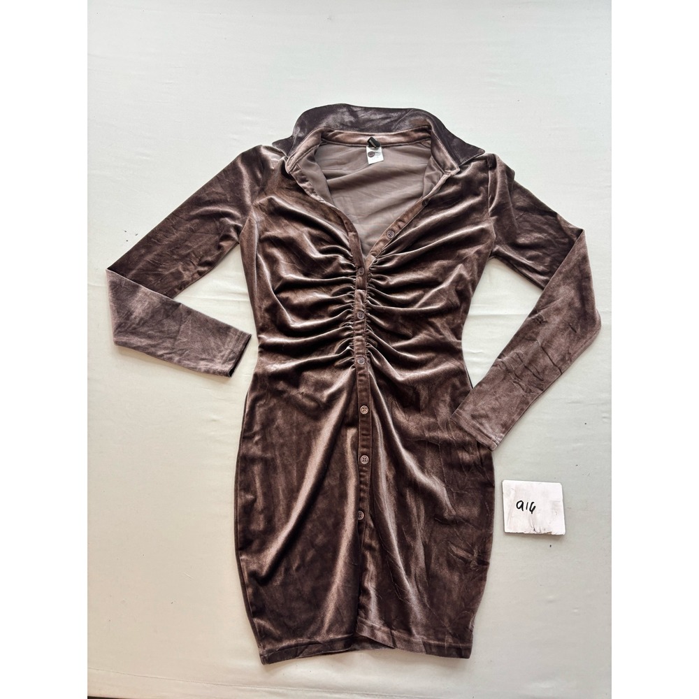 Windsor Brown Velvet Long Sleeve Ruched Button Down Mini Dress Medium BD10030N